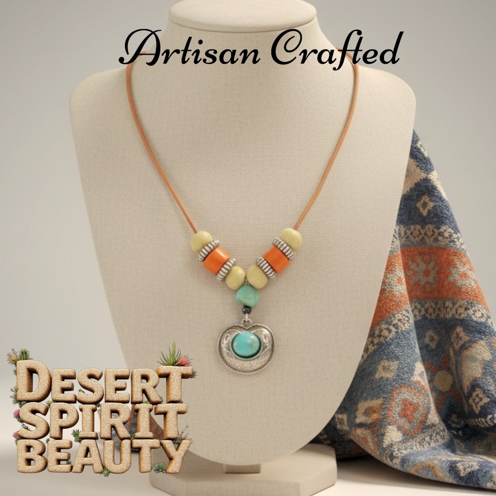 Signed Handmade Boho Necklace – Turquoise Style Pendant – Artisan Vintage - 16”